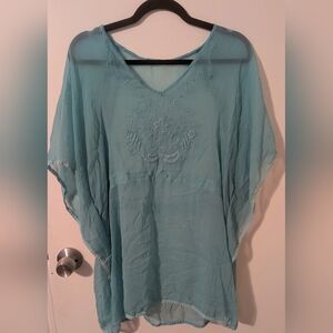 Sheer Blue Green Oversized Tunic Top Sz Large